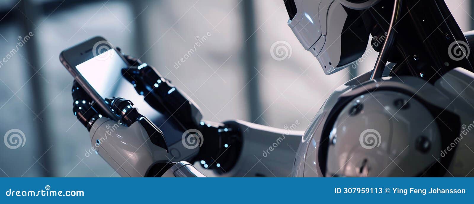 ai robot diligently checking a mobile phone.