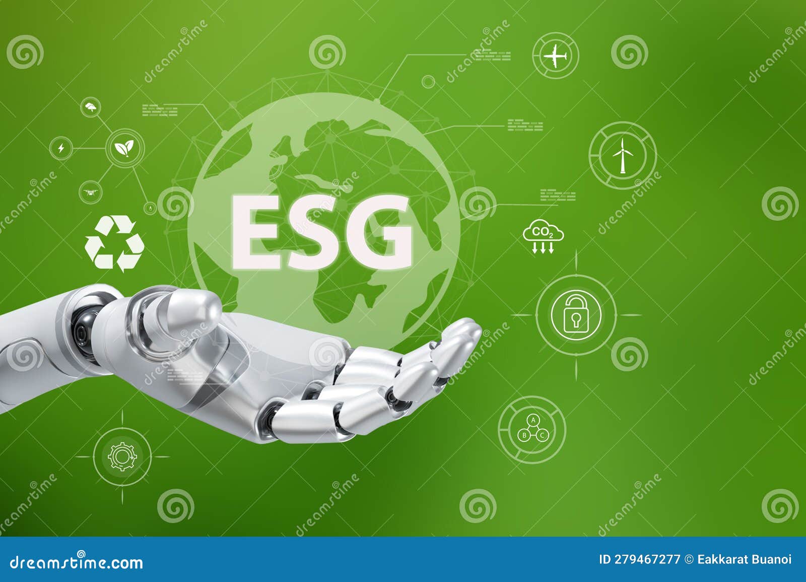 ai robot hand with environmental icons green technology and environmental technology