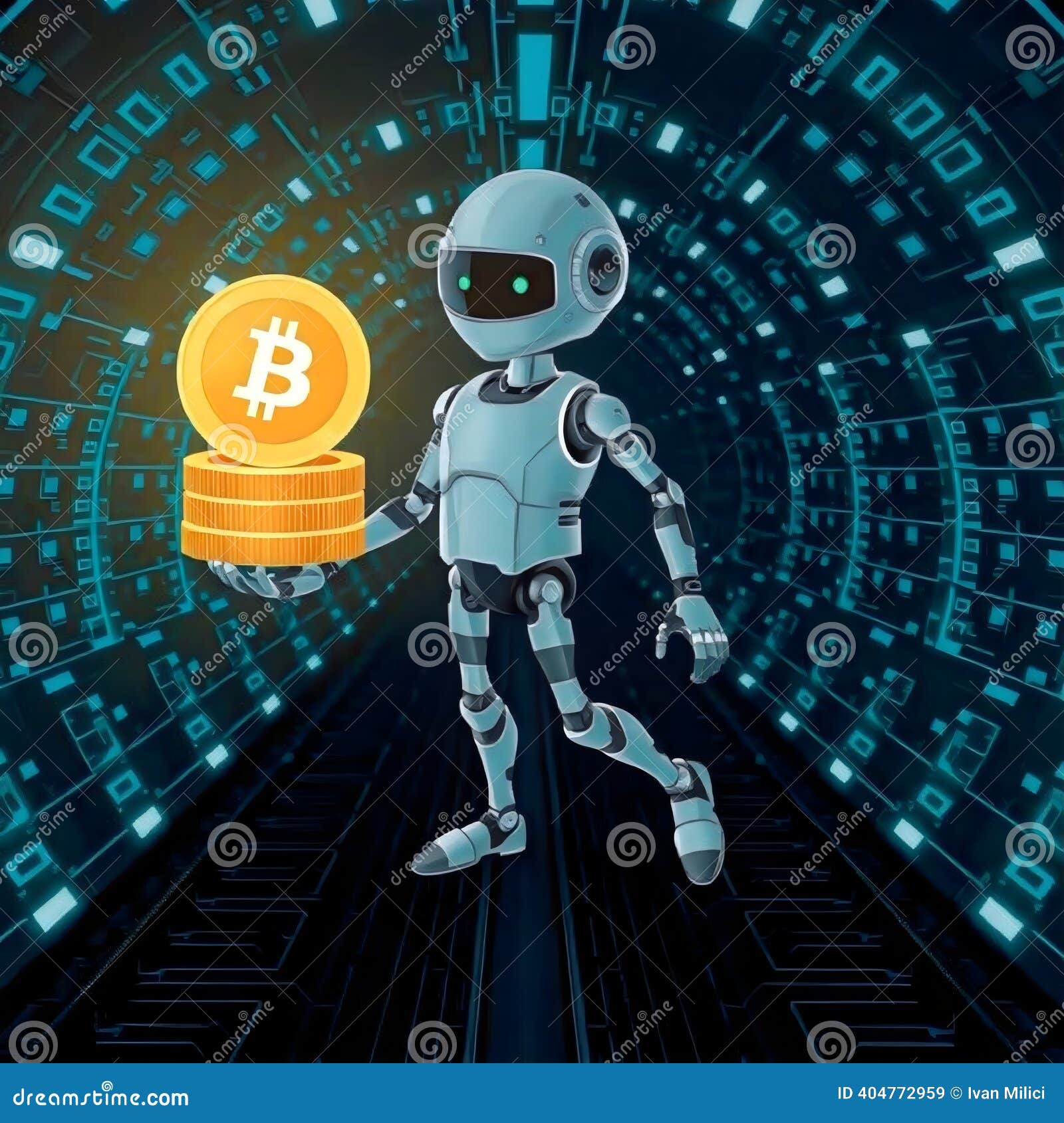 AI Robot Holding Bitcoin Coins in Digital Matrix Stock Illustration -  Illustration of fintech, concept: 404772959