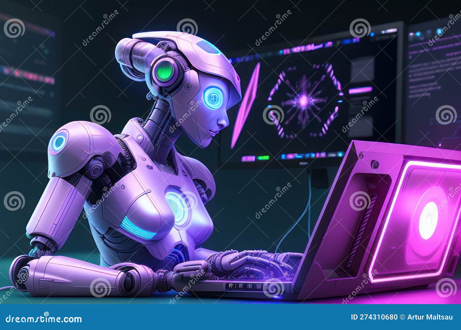 ai at work: futuristic robot woman cyberwoman typing in neon-lit room on computer screen. generative ai