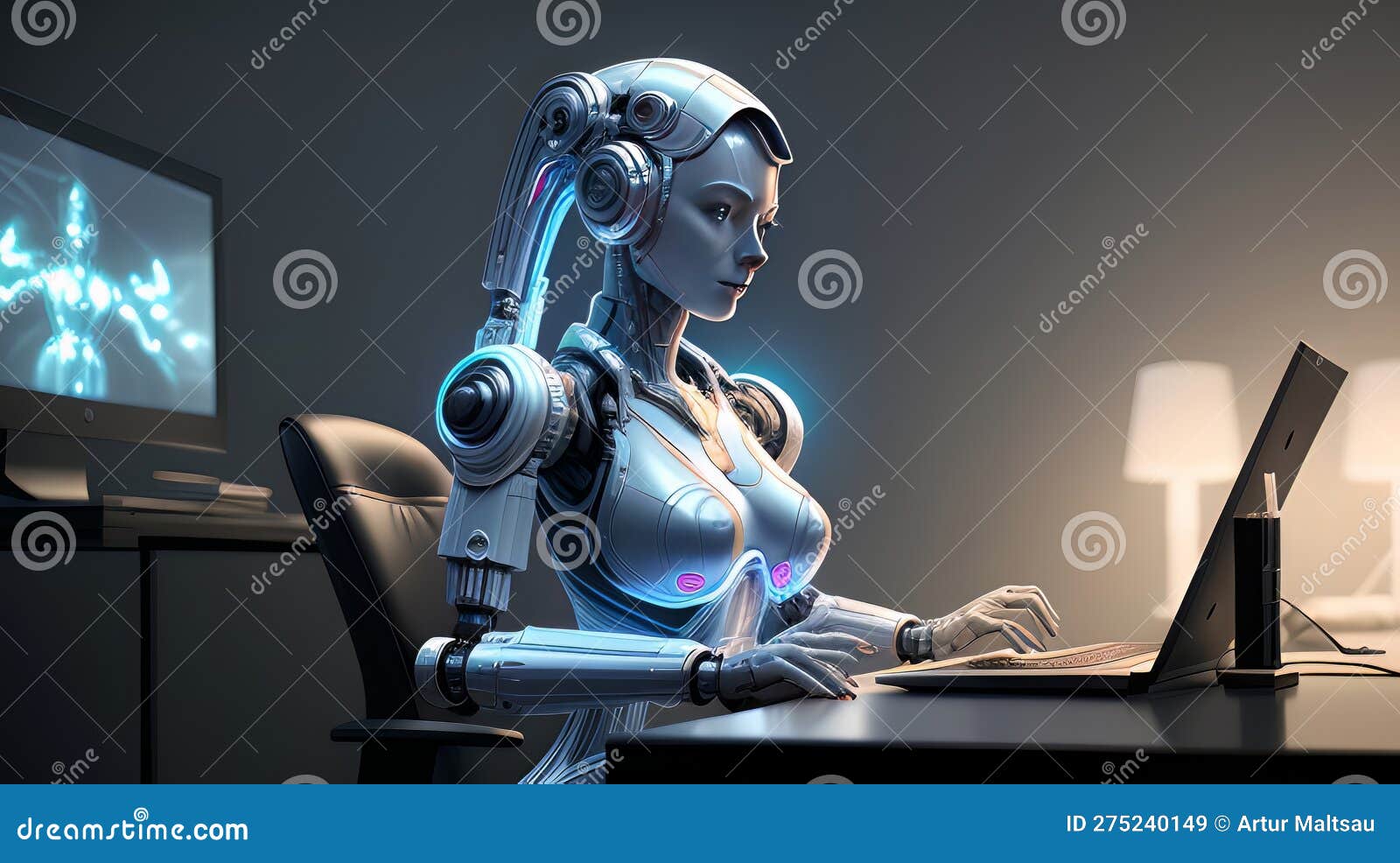 ai at work: futuristic robot woman cyberwoman typing in neon-lit room on computer screen