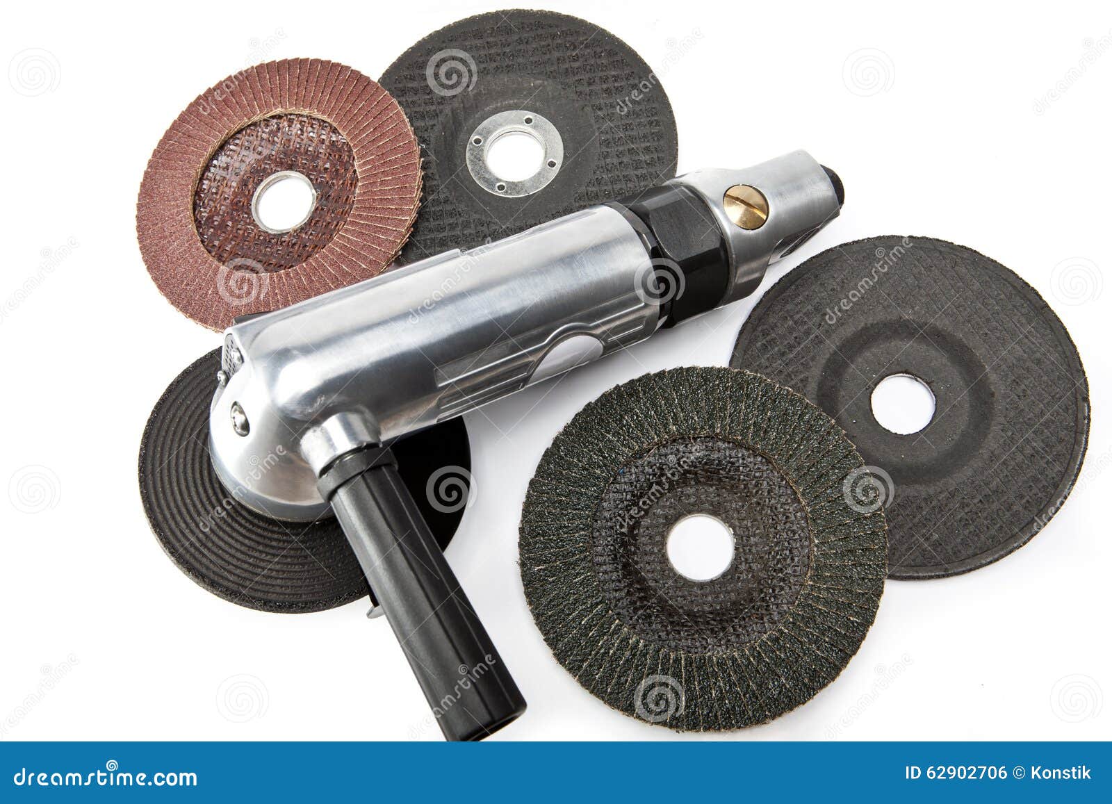 Air Angle Grinder and Different Grinding Wheels on White Background