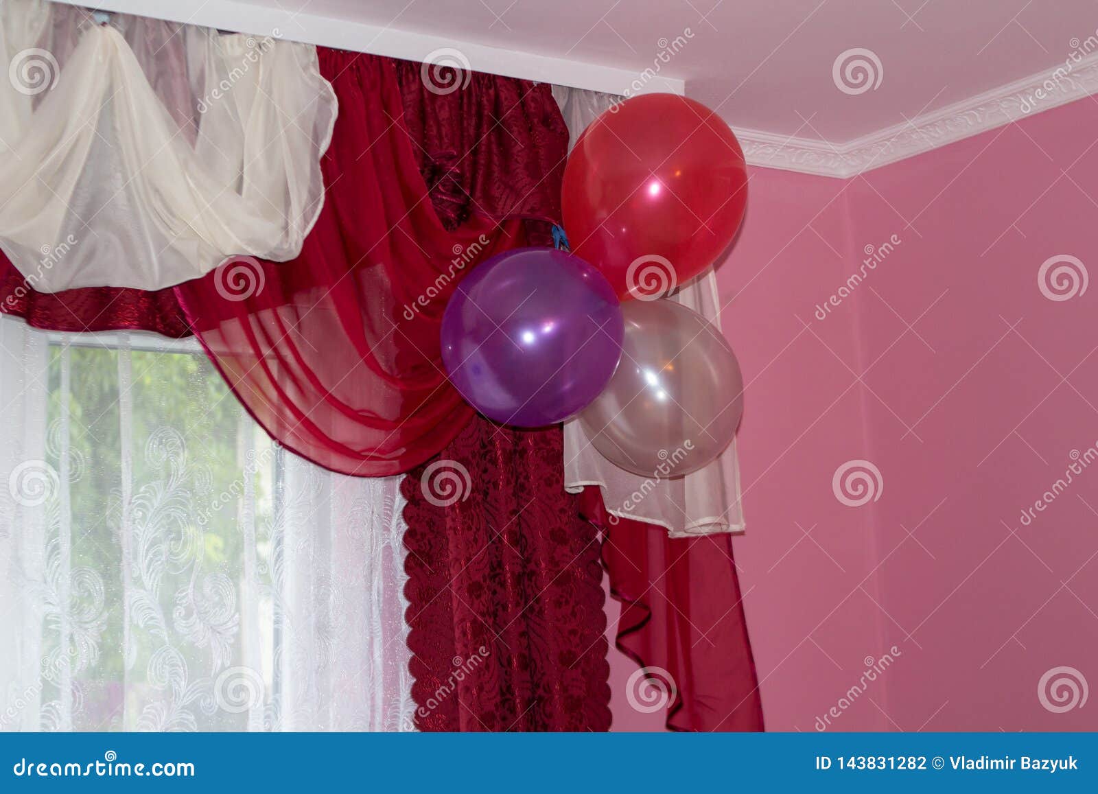 Air Balloons on Curtains,Curtains are Decorated with Air Balloons in the Room Stock Photo