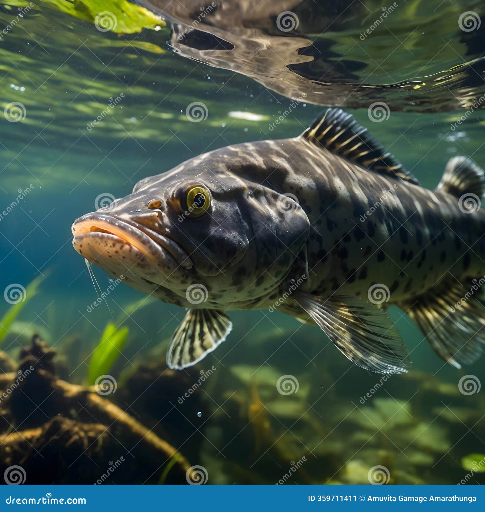 air-breathing catfish in tropical wetland, sunlight filtering through clear water
