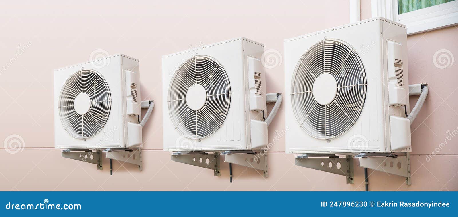 Closeup Three External Split Wall Type of Outdoor Home Air Conditioner