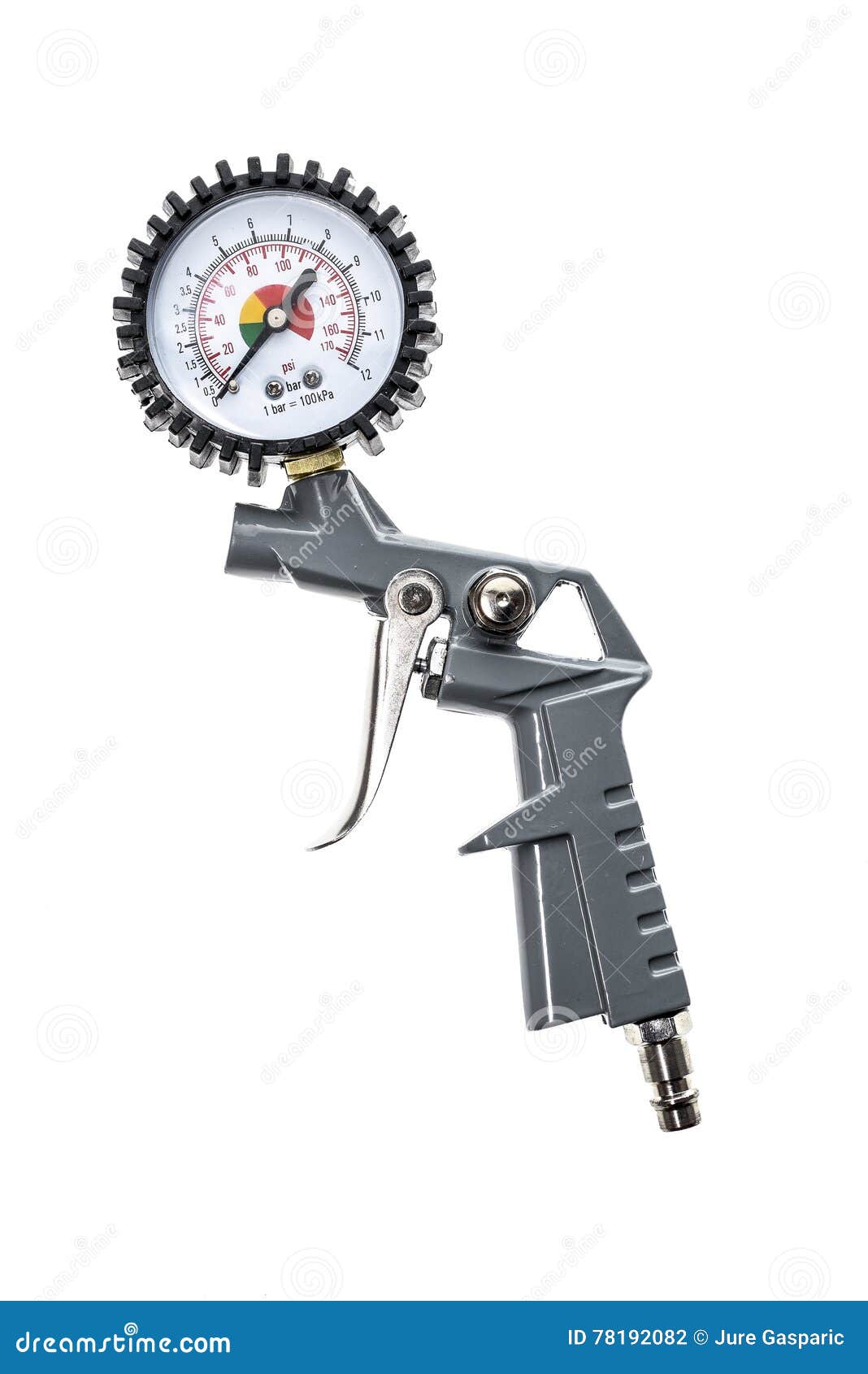Air Compressor Gun with Manometer Isolated on a White Background Stock