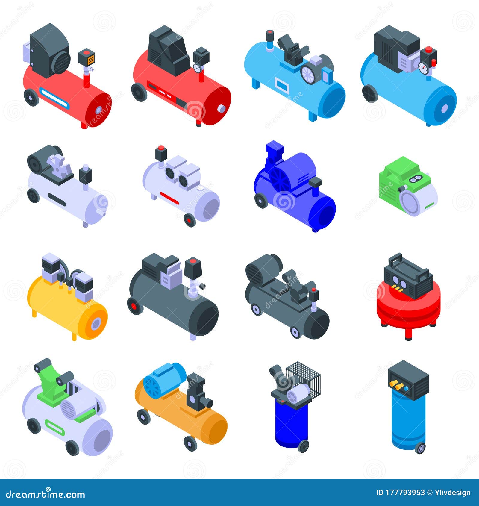 air compressor icons set, isometric style