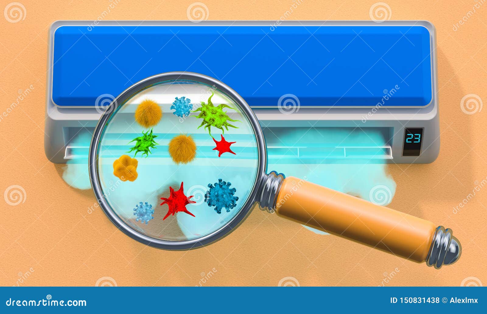 Air Conditioner with Germs and Bacterias Under Magnifying Glass. 3D