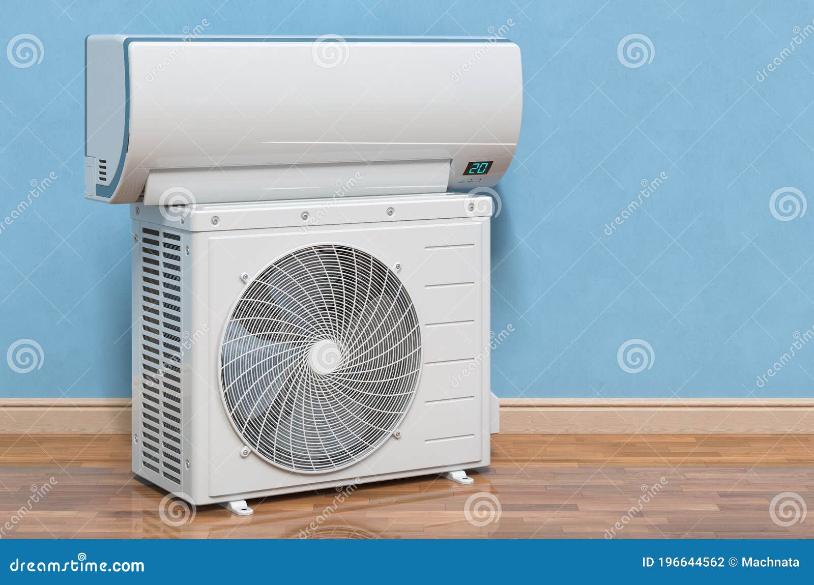 Air Conditioner, Indoor Wall and Outdoor Compressor Units in Room on