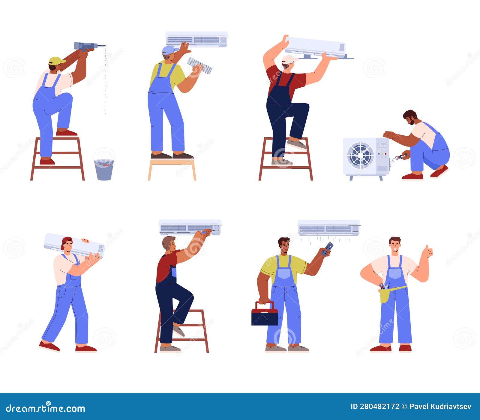 Air Conditioner Service Technician Working, Set of Flat Vector