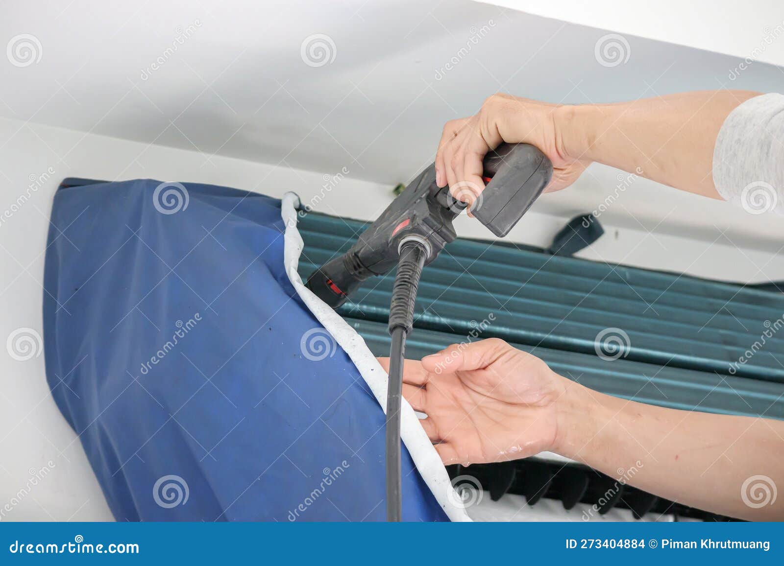 Air Conditioning Cleaning Service with Water Spray Stock Photo Image