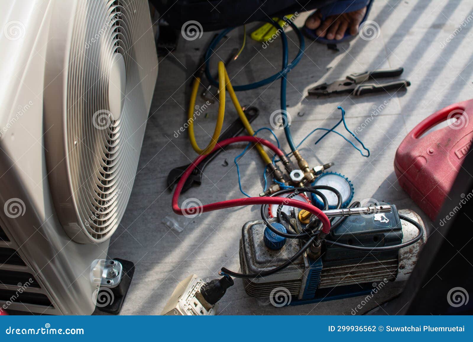 Air Conditioning, HVAC Service Technician Using Gauges To Check