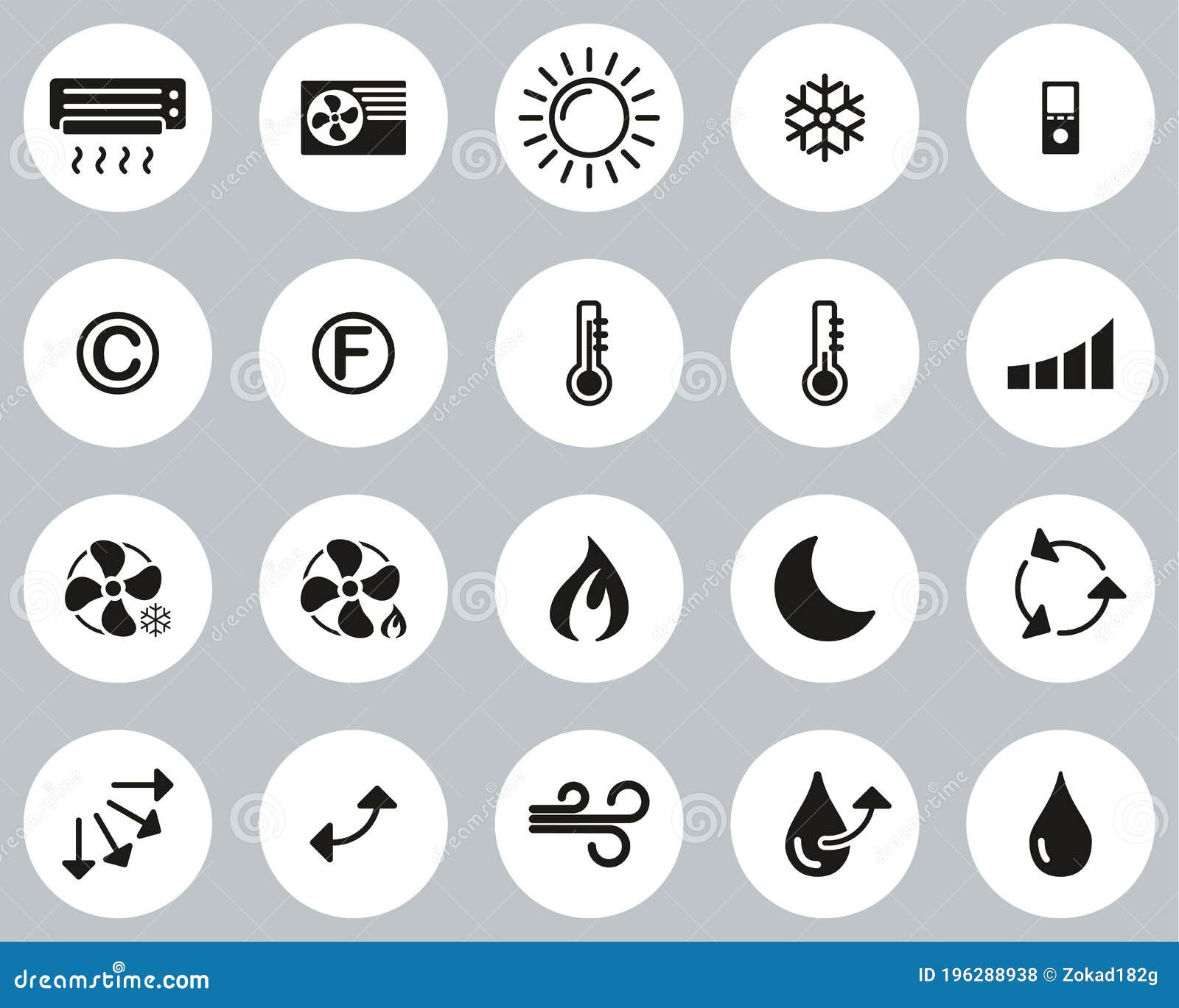 Air Conditioning Icons Black & White Flat Design Circle Set Big Stock
