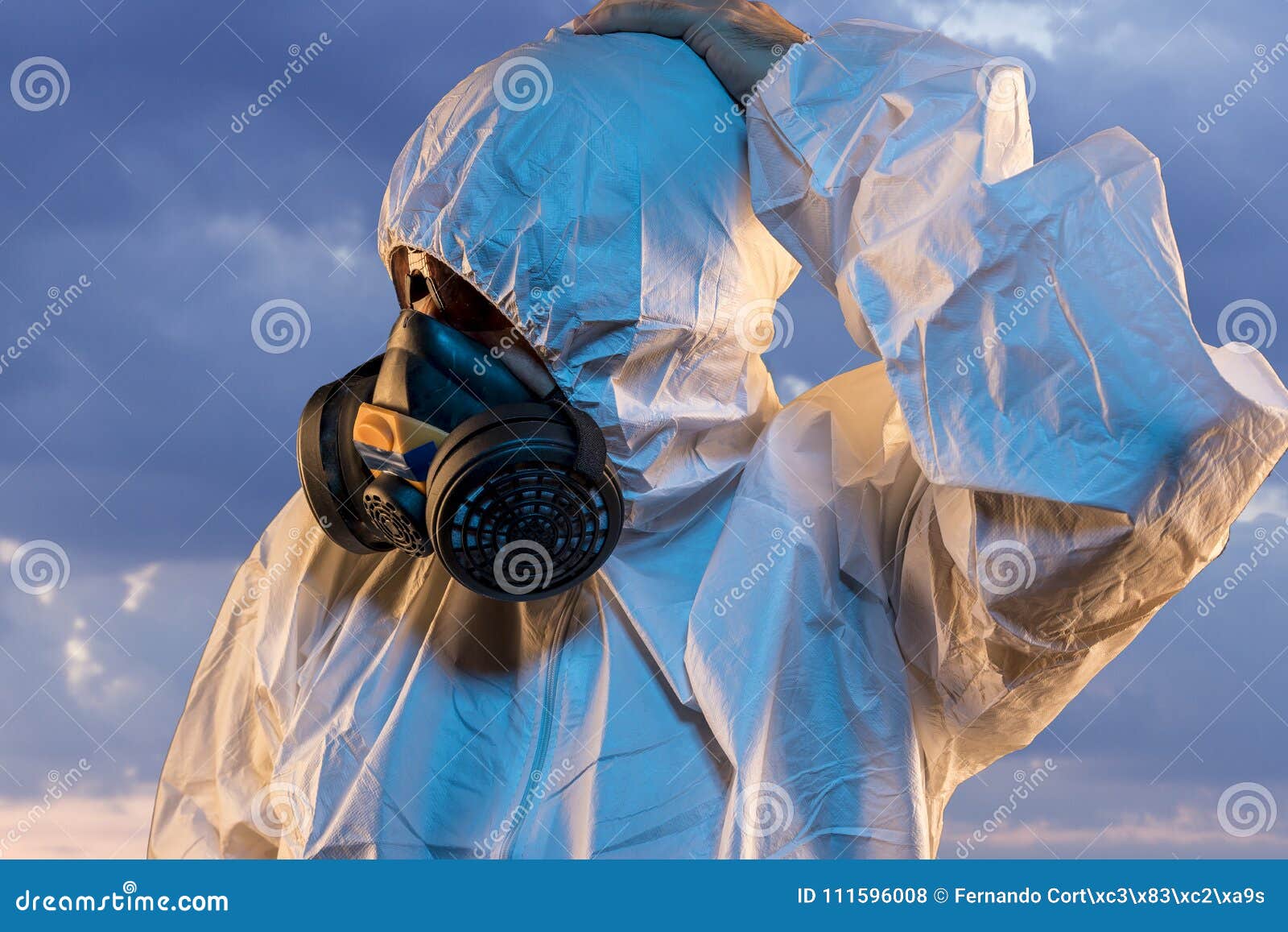 Air Contaminated by Pollution, Man with Mask and Protective Suit Stock