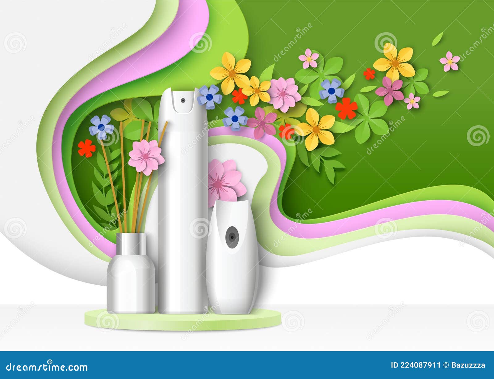 Download Air Freshener Packaging Bottle Aroma Stick Mockup Set On Podium Paper Cut Floral Background Vector Illustration Stock Vector Illustration Of Package Clean 224087911