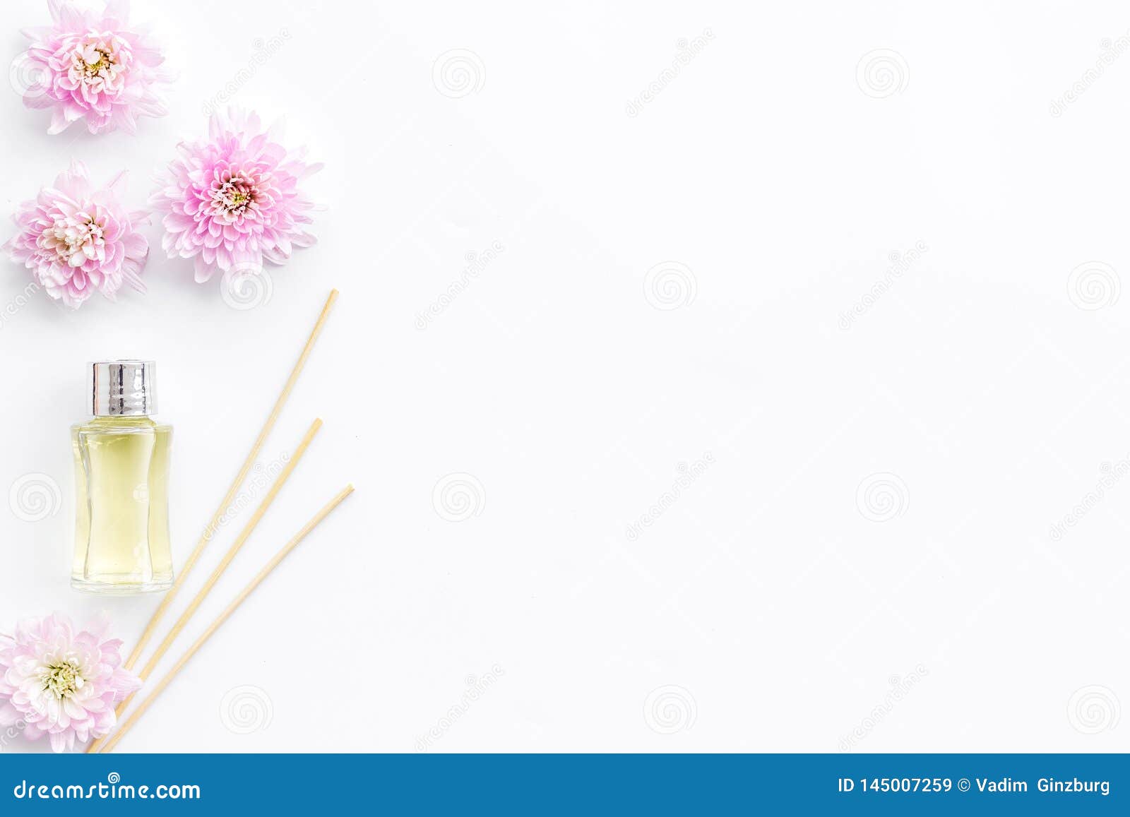 Air Freshener Sticks With Flowers On White Background Top View