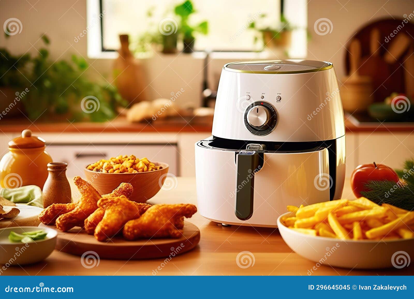 Air fryer or free oil machine with french fries on basket with small plant  and wooden table of the modern interior design kitchen, illustration created  by generative AI. ilustración de Stock