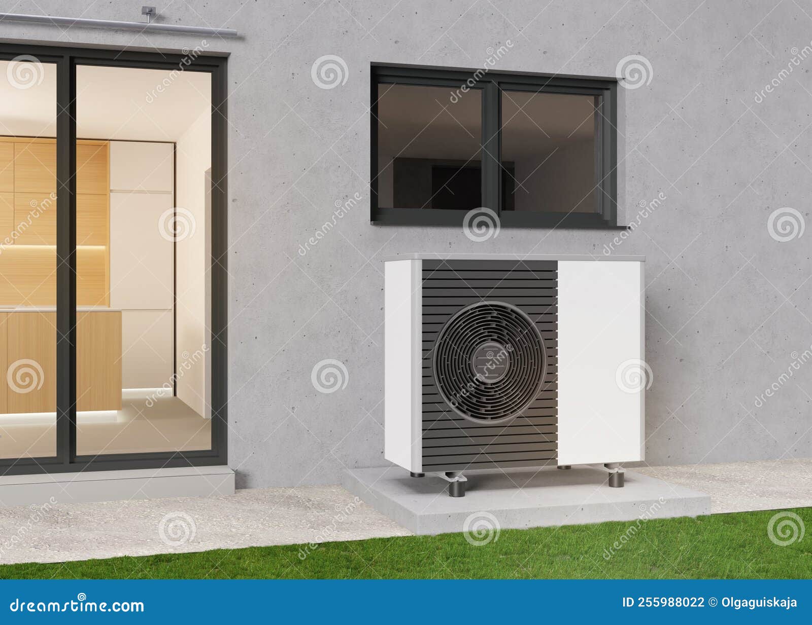 Air Heat Pump Standing Outdoors. Modern, Environmentally Friendly