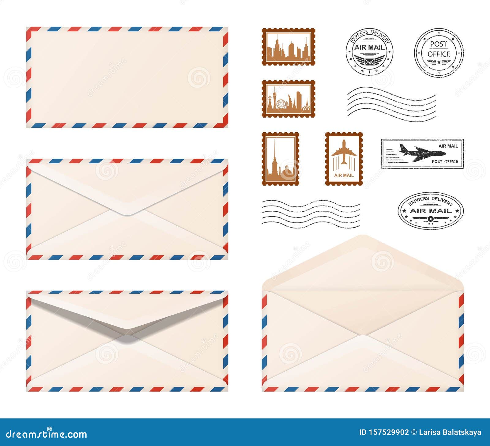 Air Mail Envelope. Set Realistic Envelopes and Postage Stamps Stock Vector Illustration of