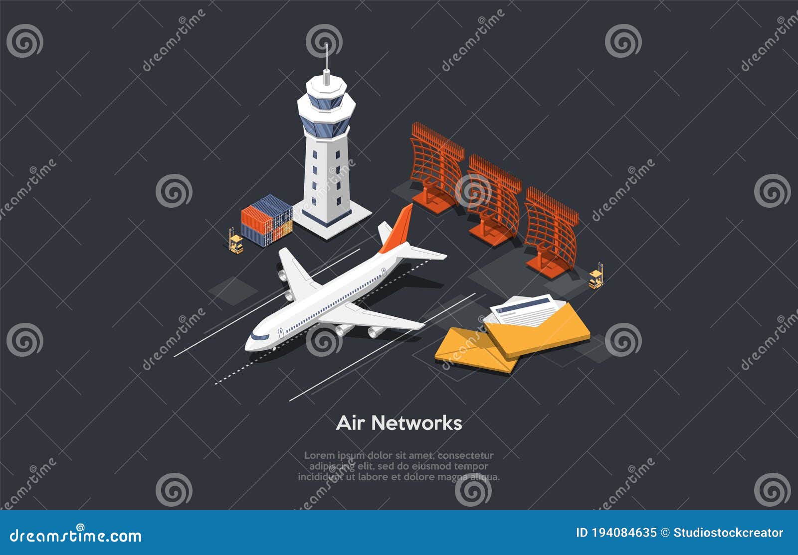 air network concept. set of airport control tower, airplane on runway, correspondance letters, forklift and containers
