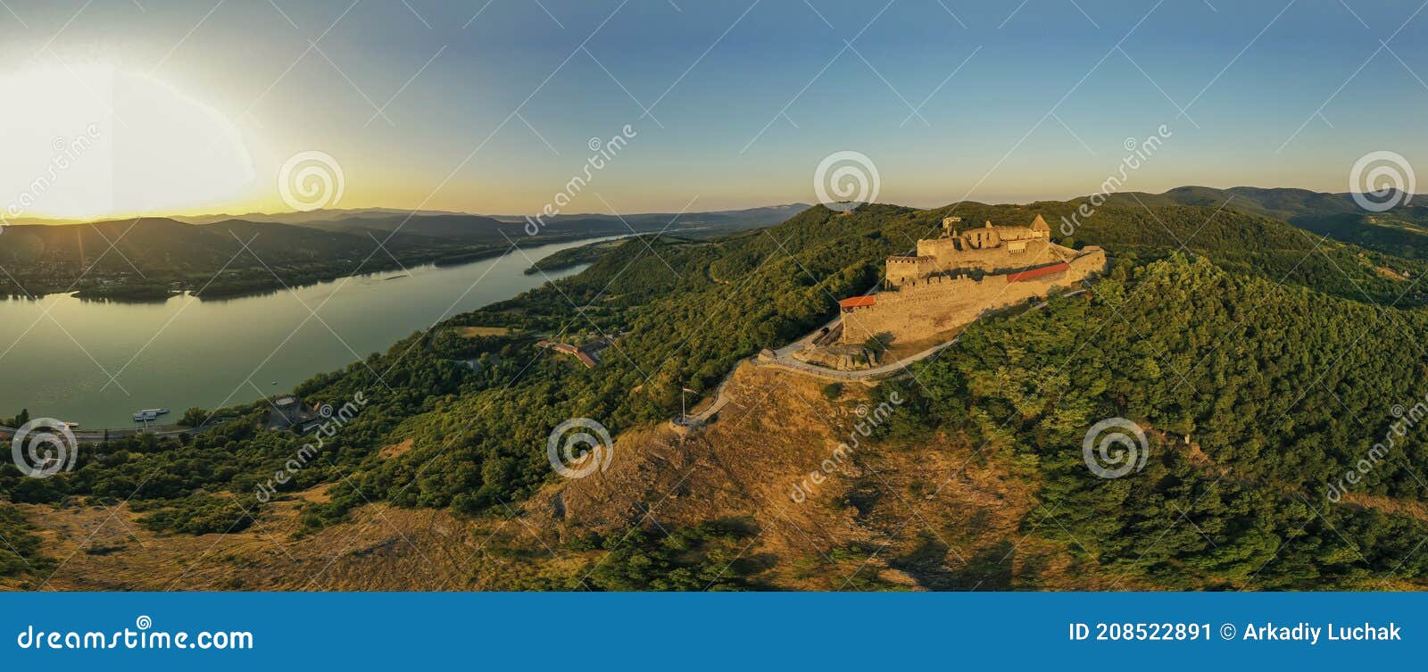 The Upper Castle and Danube River in Visegrad Hungary. Drone Footage Evening Time Stock Image - Image of castle, sights: