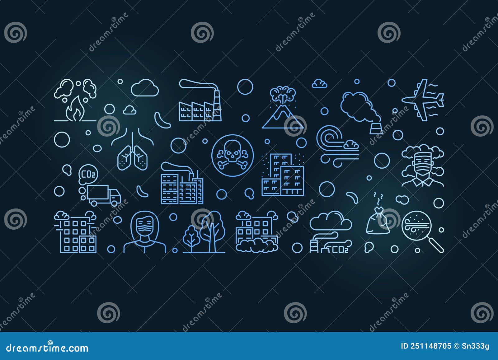 Air Pollution Blue Horizontal Banner Vector Concept Illustration