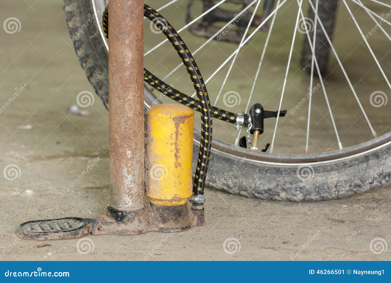 Air pump and bicycle tire. stock image. Image of sport 46266501