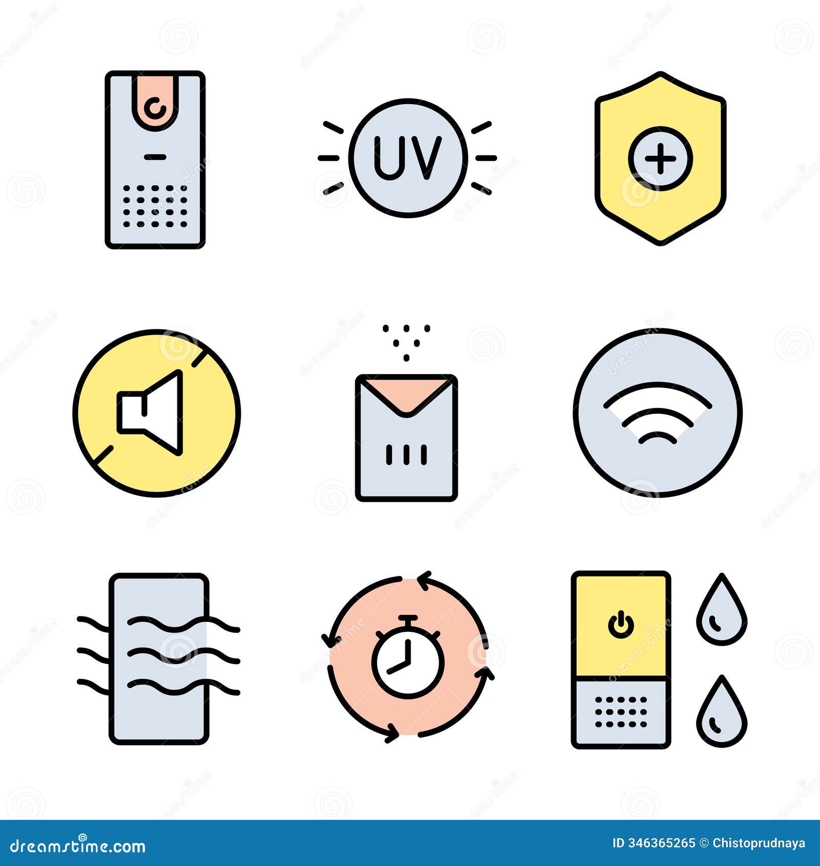 air purifier and humidifier machine color icons sets. home device for air purification filtering. electronic devices