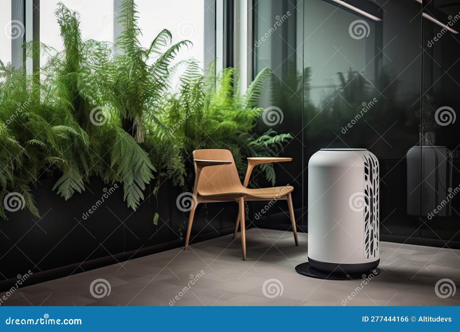 Air Purifier, Surrounded by Greenery and Light, in Modern Office