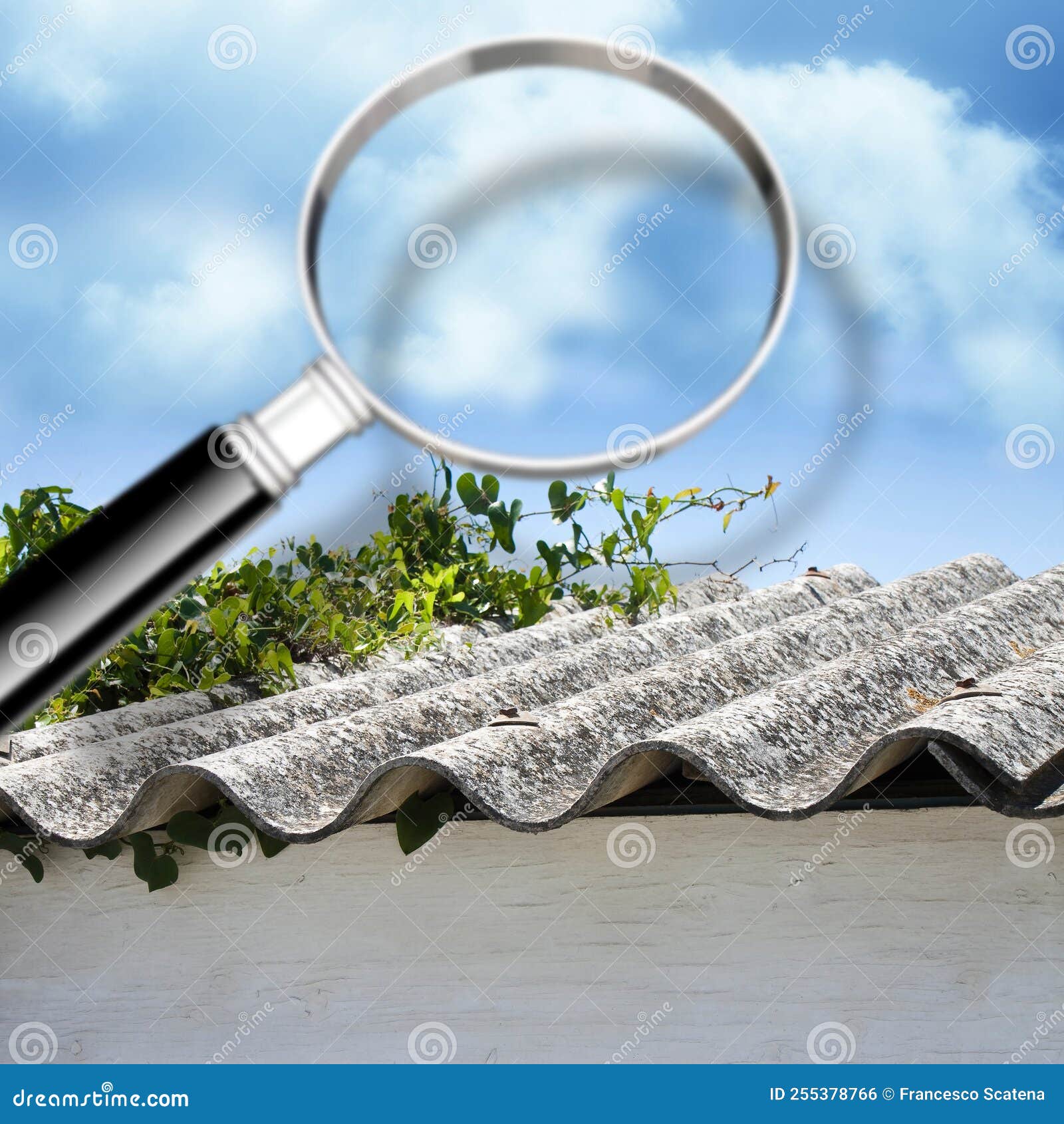 air testing and monitoring activity around a dangerous asbestos roof - concept image with magnifying glass