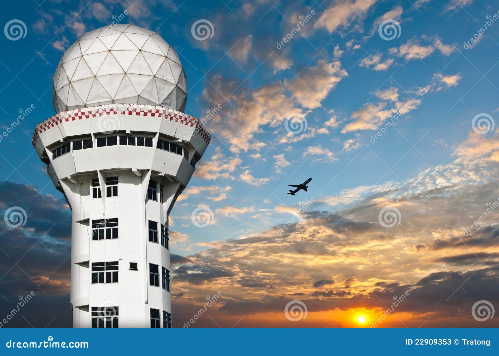 Air Traffic Control Tower with Airplane Stock Image - Image of plane