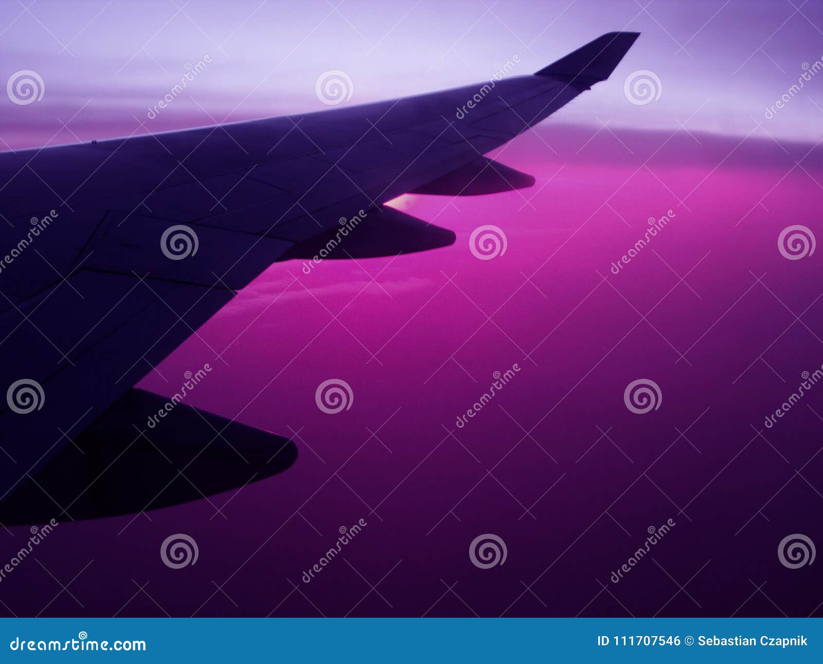 air travel plane wing wih violet sky