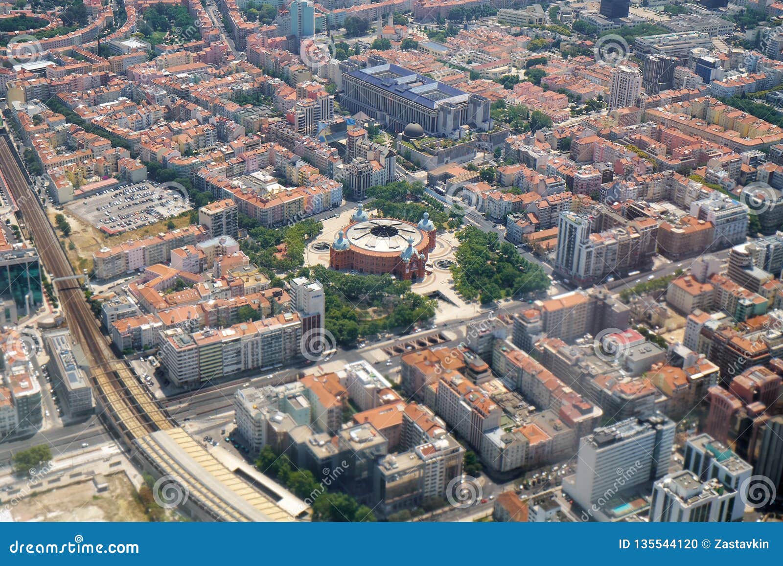 the air view of central lisbon with round building of centro comercial do campo pequeno. portugal