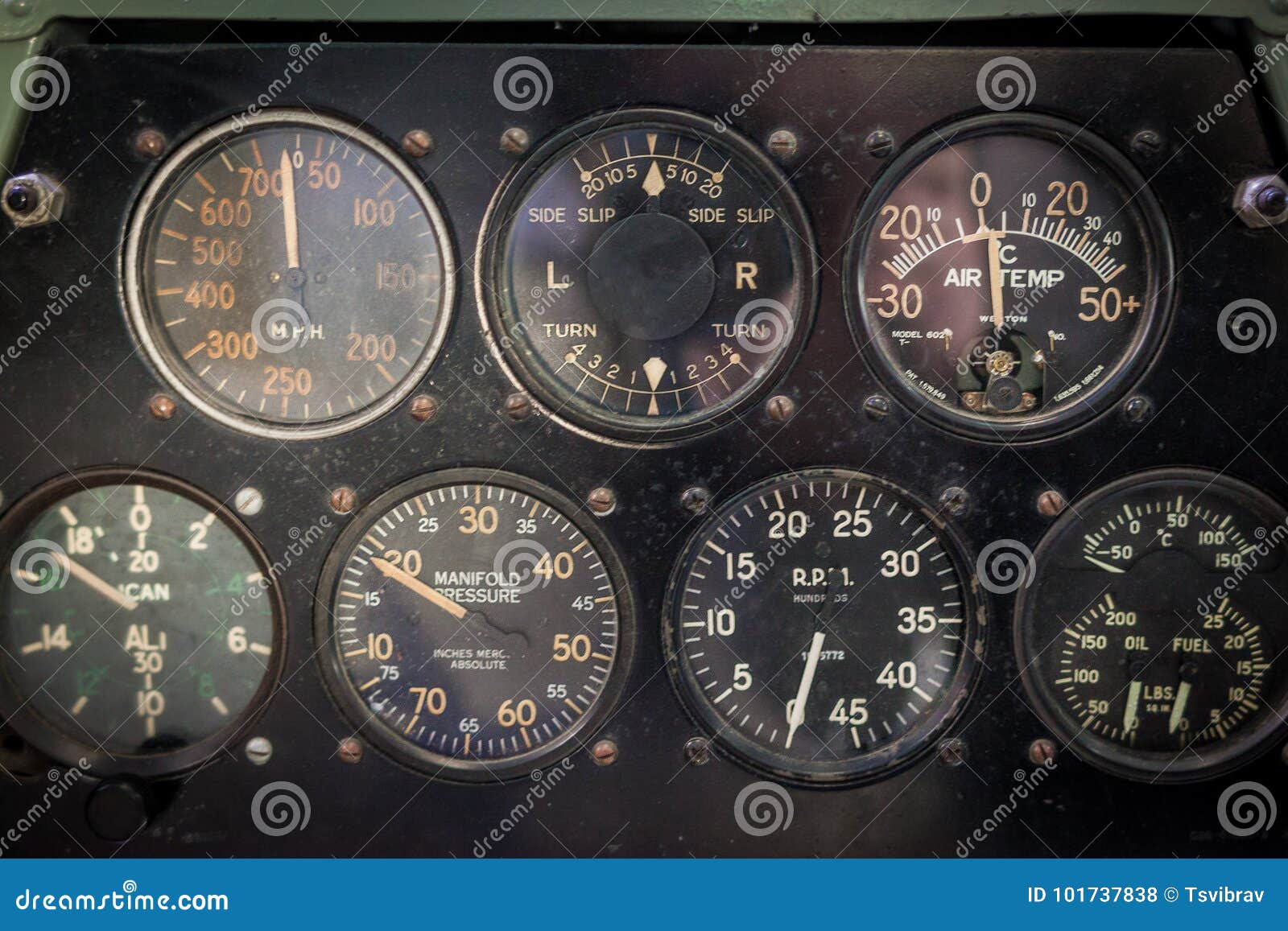 Aircraft Aviation Gauges of an Old Aircraft Closeup. Stock Photo