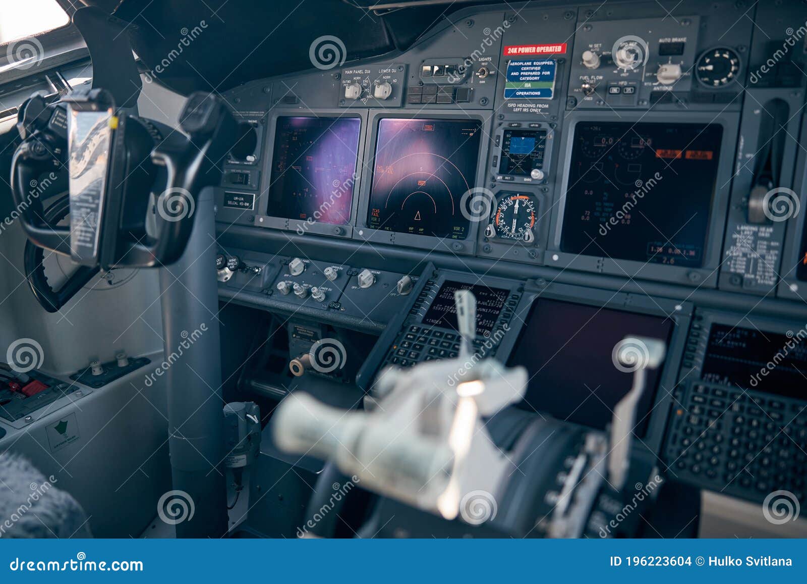 Aircraft Flight Deck with Control Column and Flight Displays Stock