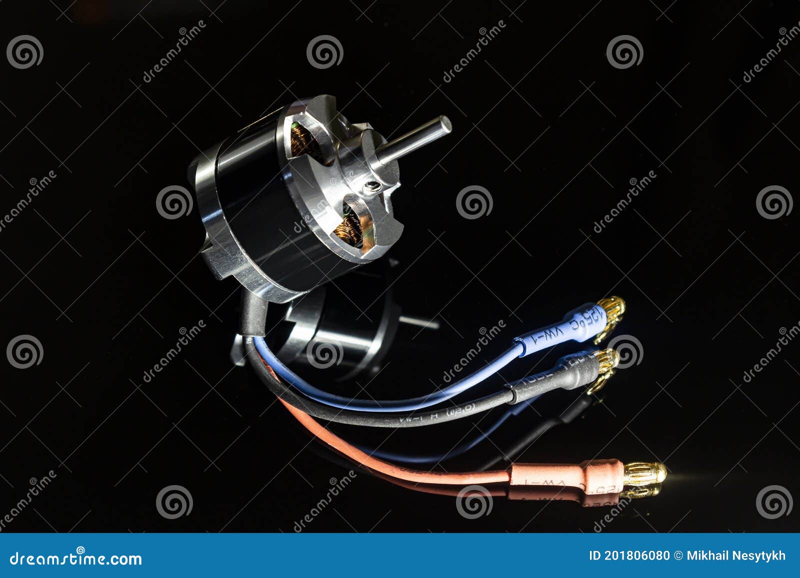 aircraft model brushless (bldc) outrunner 3-phase motor on a black background.