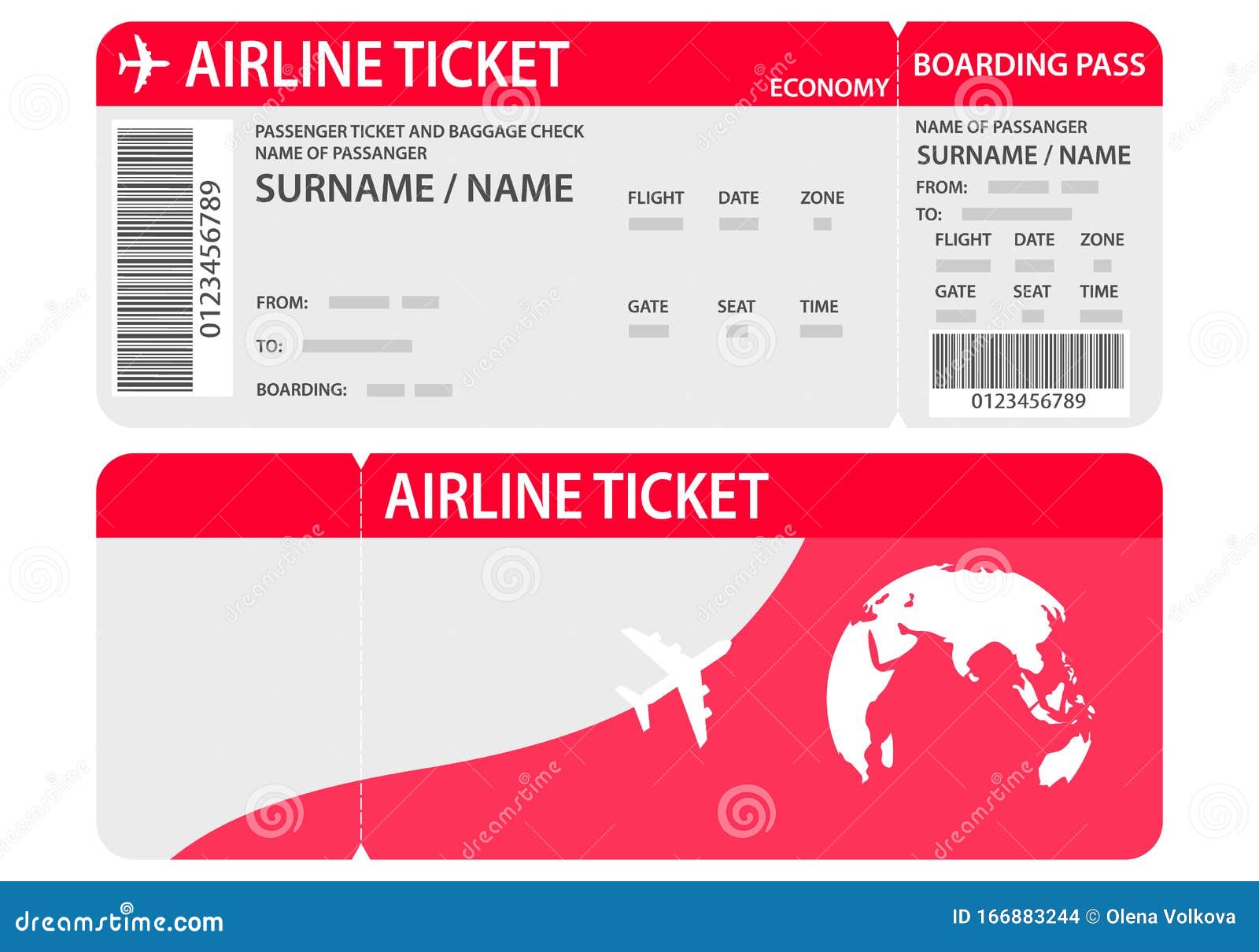 airline ticket or boarding pass for traveling by plane  on white.plane ticket template. air economy flight. red