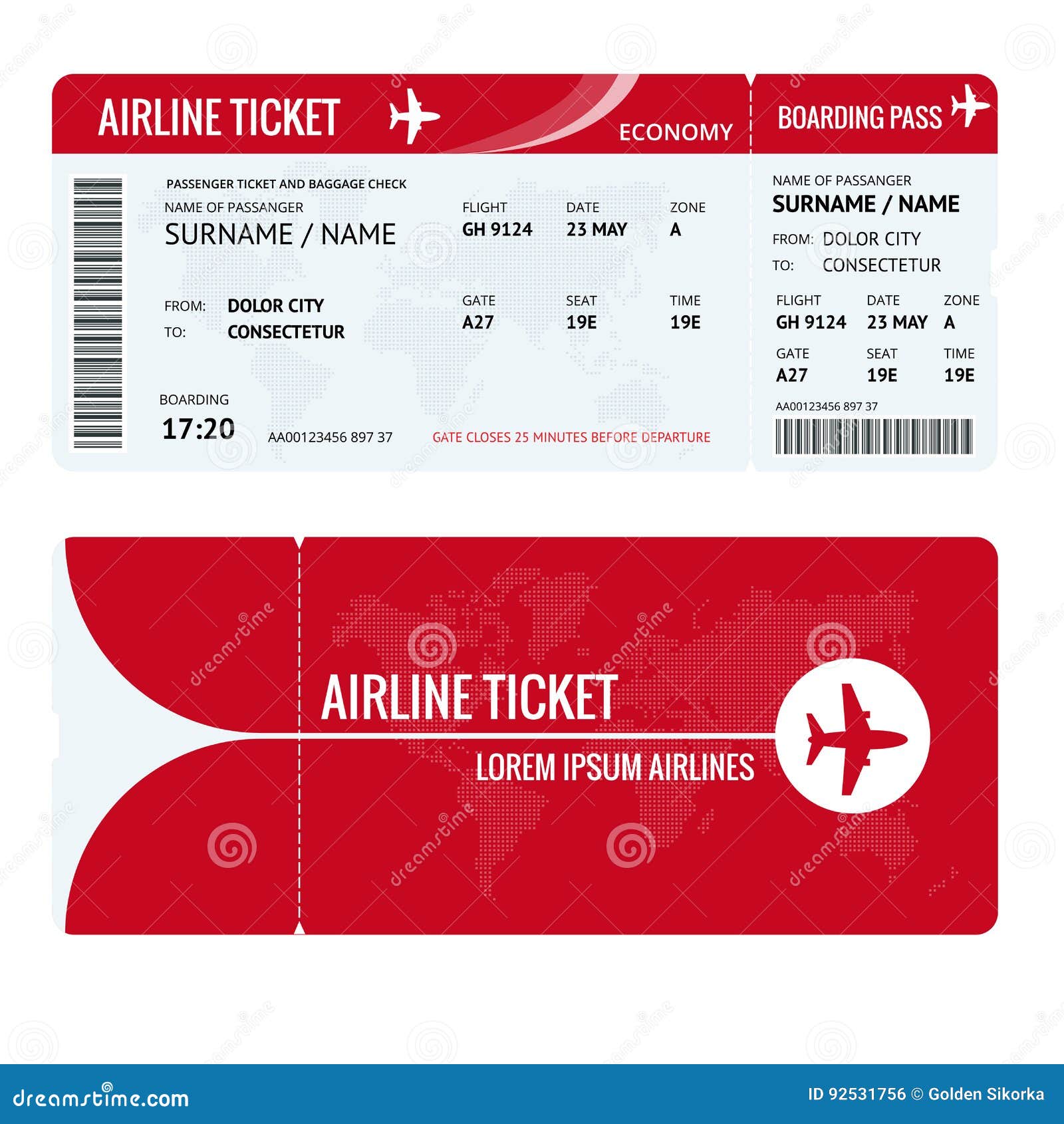 airline ticket or boarding pass for traveling by plane  on white.  .