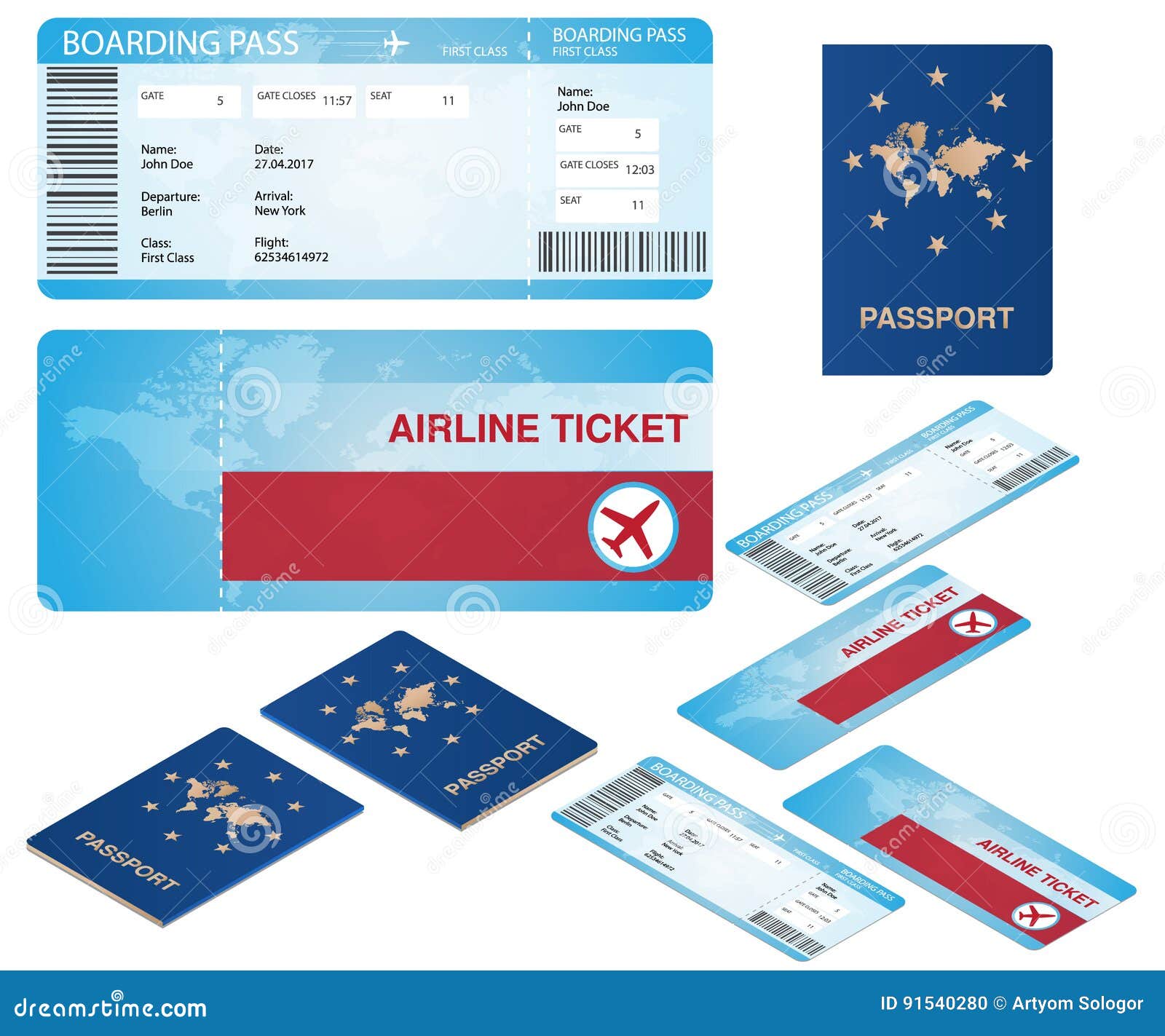 airline ticket and passport mocks with isometric projections on white.