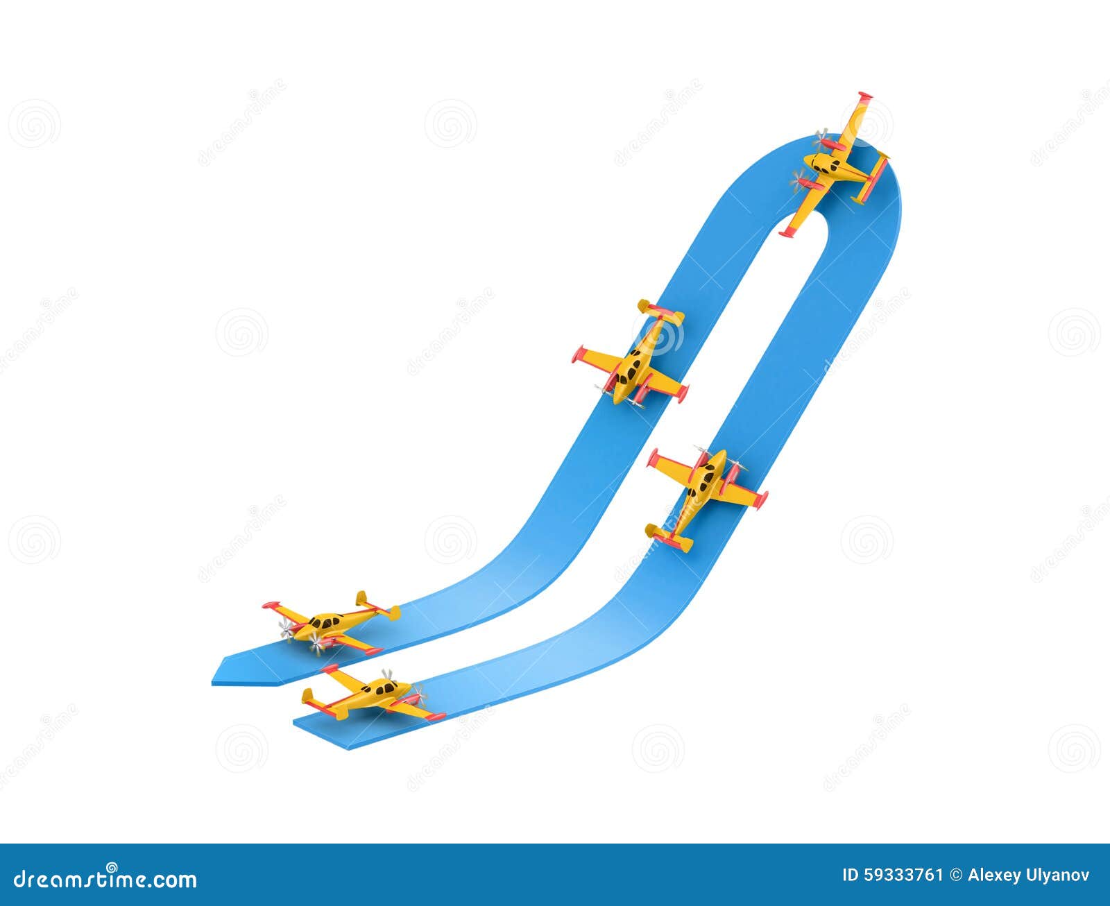  of aerobatics turn on the top with yellow airplane model over blue arrow on white background