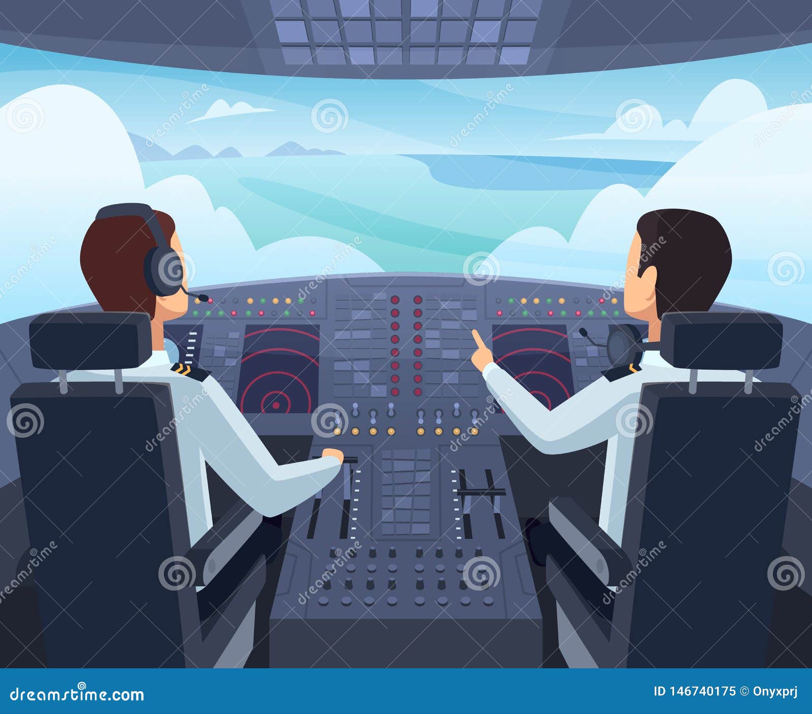 airplane cockpit. pilots sitting front of dashboard aircraft inside  cartoon s