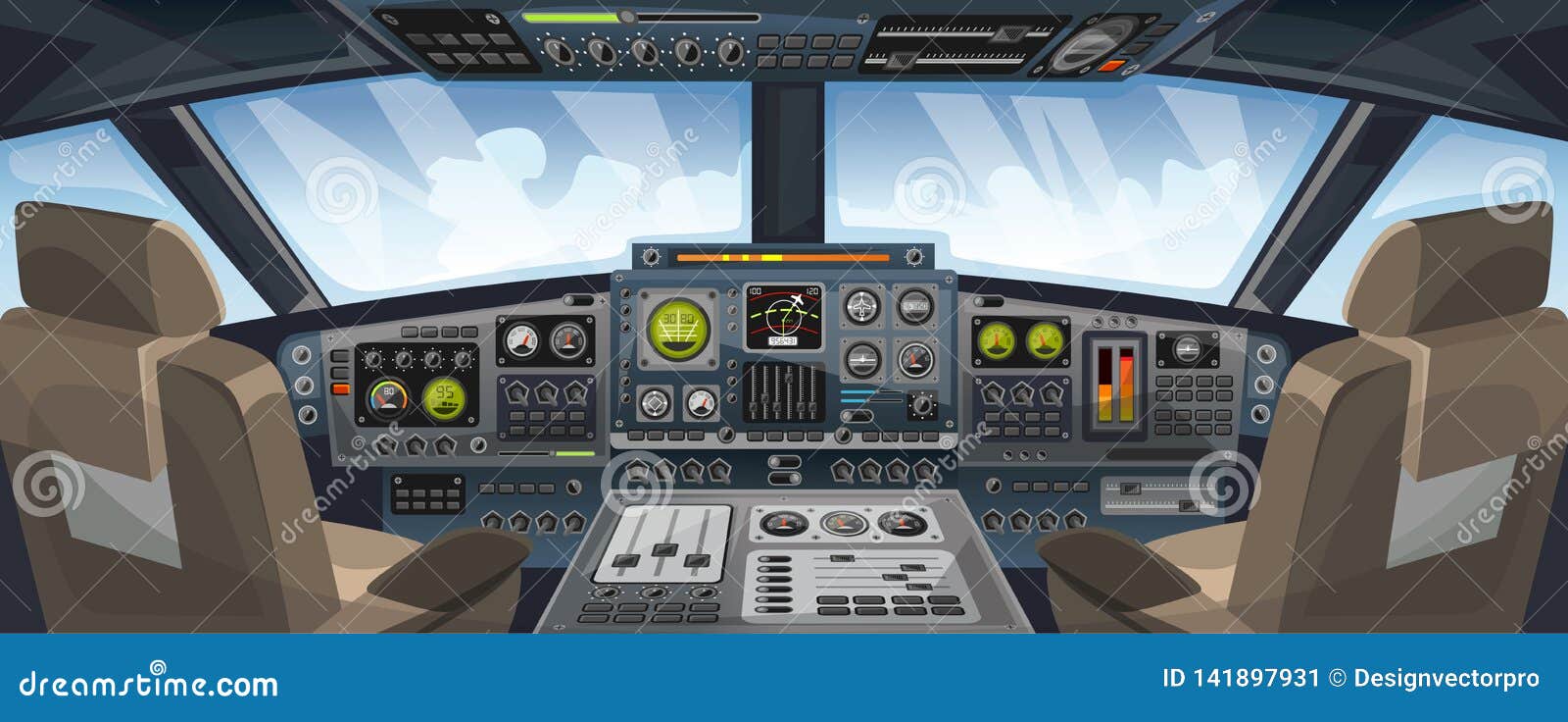 airplane cockpit view with control panel buttons and sky background on window view. airplane pilots cabin with dashboard control