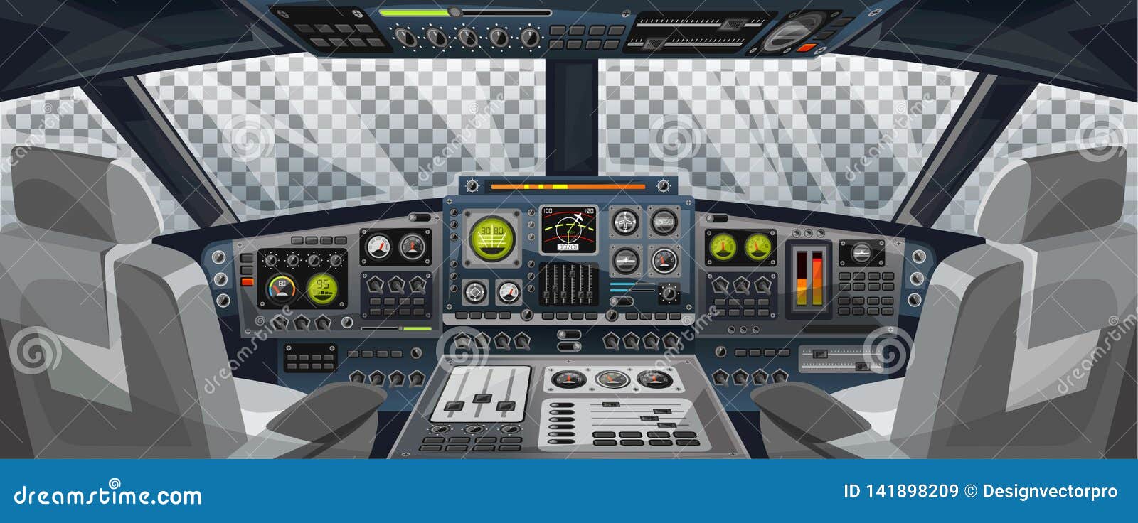 airplane cockpit view with control panel buttons and transparent background on window view. airplane pilots cabin with dashboard