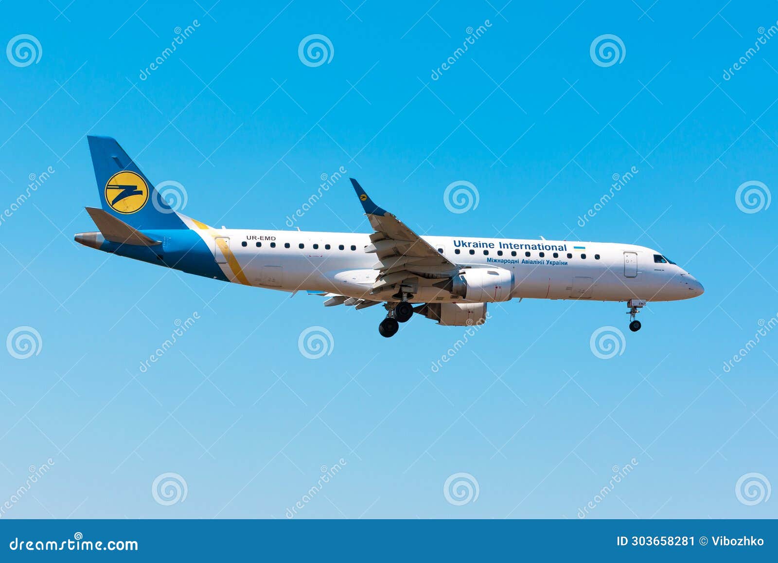 Boryspil, Ukraine - August 27, 2019: Airplane Embraer E190 (UR-EMD) of Ukraine International Airlines is landing in Boryspil International Airport