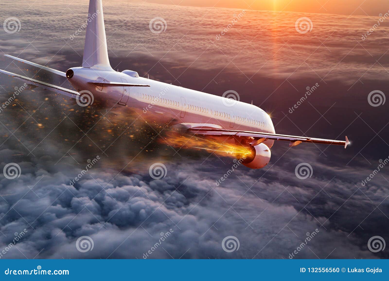 Airplane with Engine on Fire, Concept of Aerial Disaster. Stock Photo