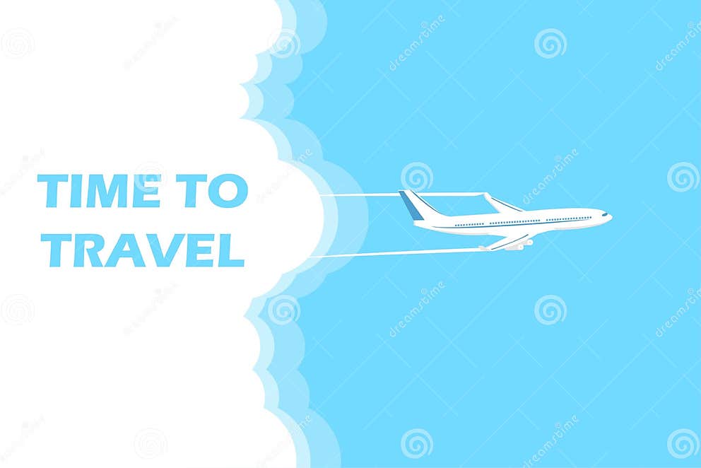 Airplane Flies in the Sky and Cloud on Blue Background. Concept Time To