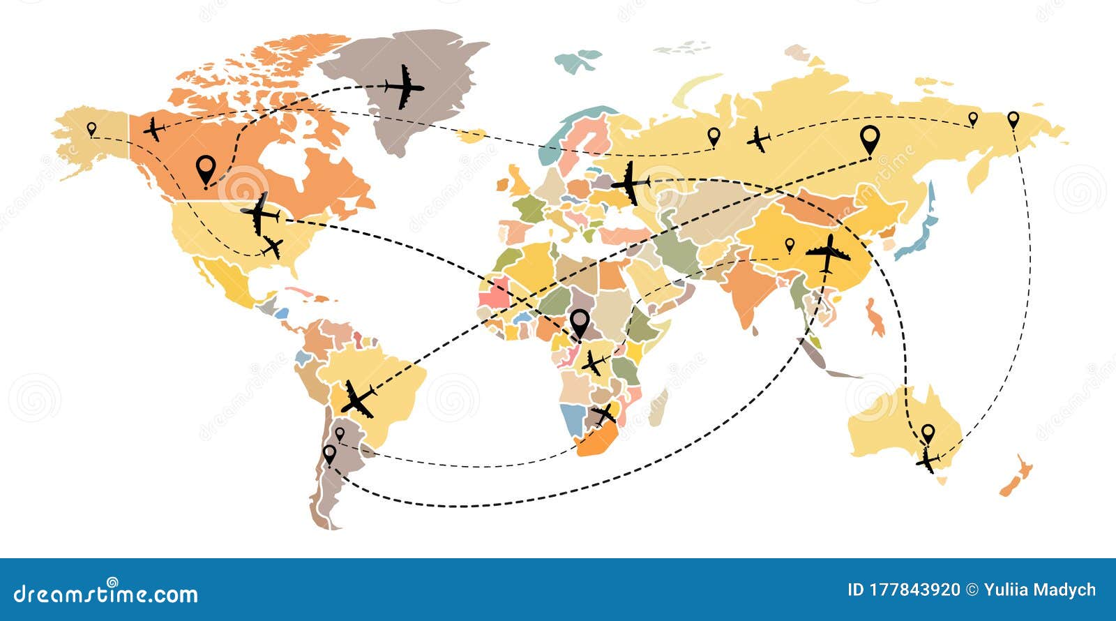 Airplane Flight Route World Map Linear Aircraft Starting Points Traces Dash Line Flat Style Isolated White 177843920 