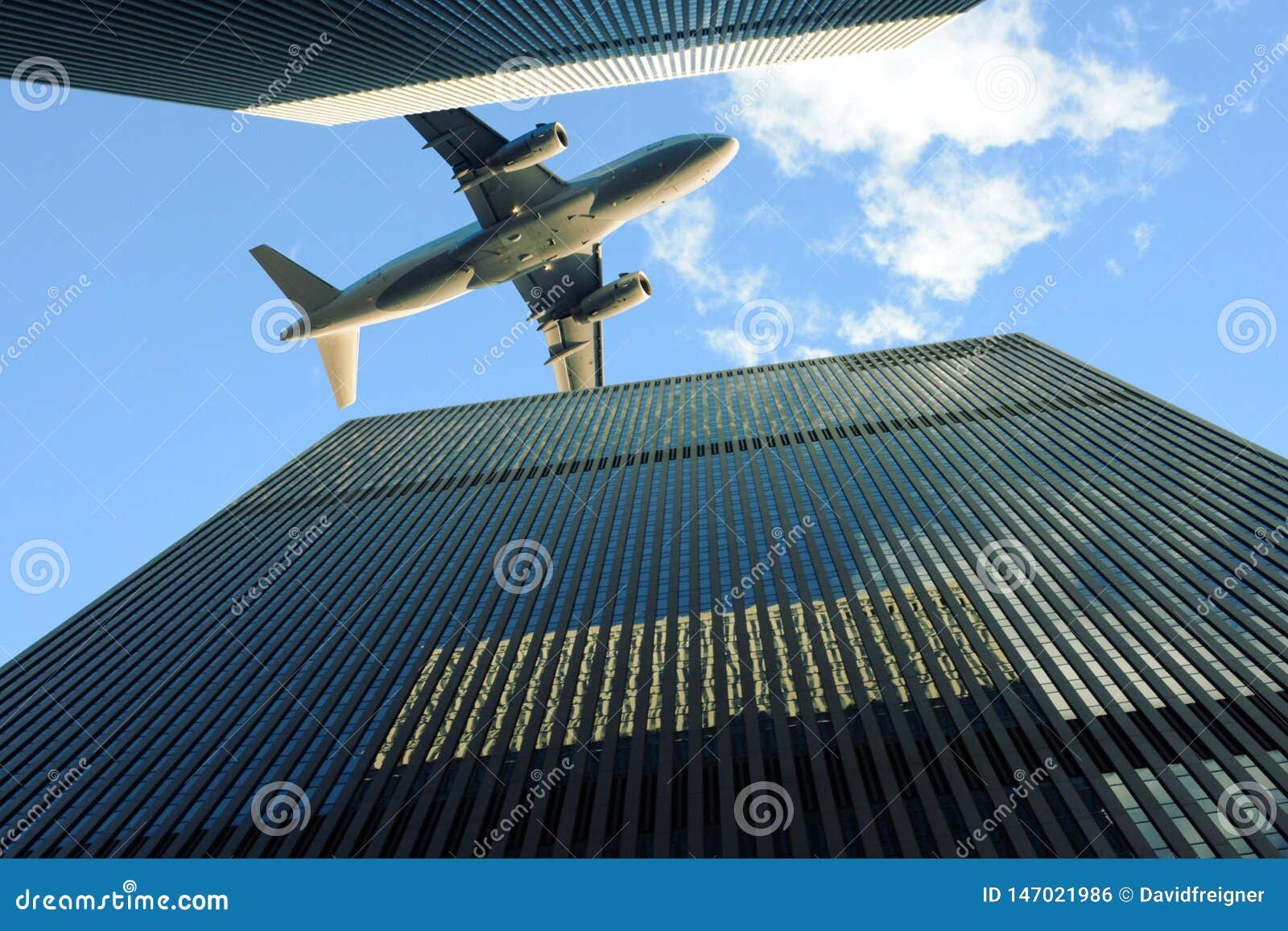 airplane flying over skyscrappers. transportation, vacation and travel concept