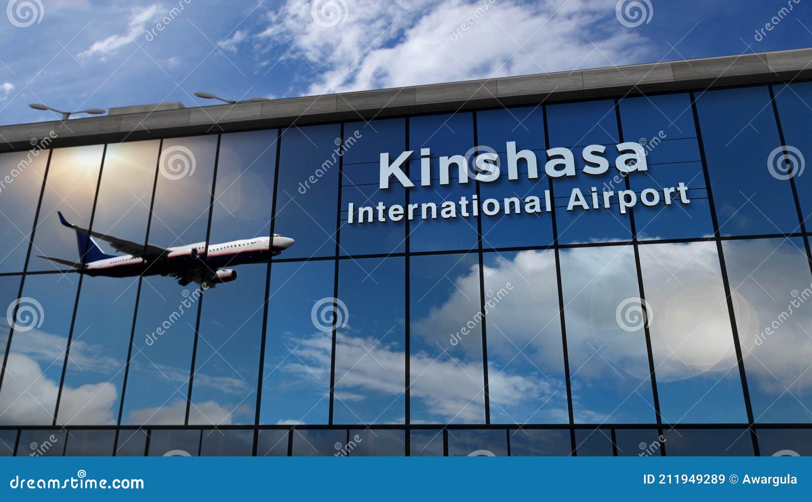 Airplane Landing at Kinshasa Congo Airport Mirrored in Terminal Stock