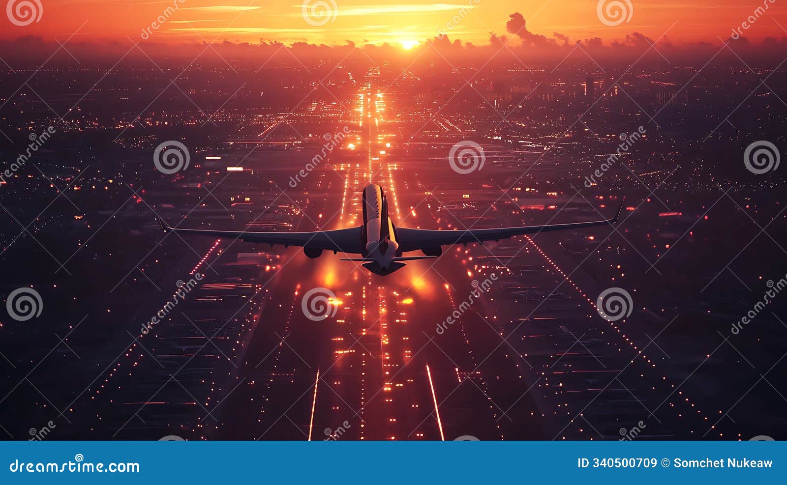 airplane landing at sunset, vibrant colors in background